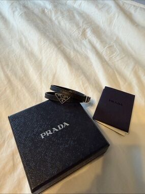 Prada Black Saffiano Leather Double-Wrap Bracelet with Triangle Logo